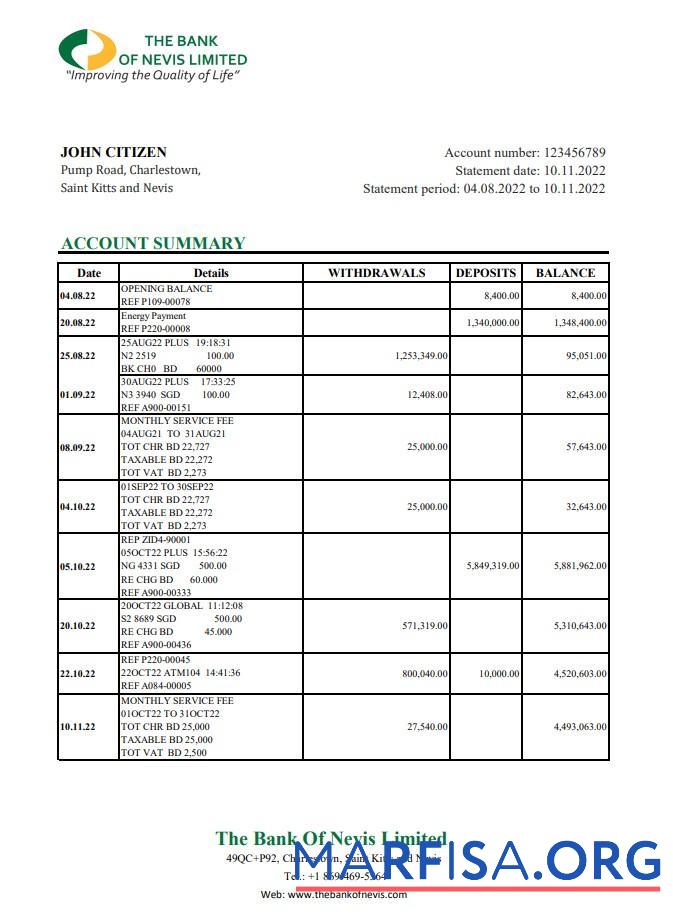 Downloadable Saint Kitts and Nevis The Bank of Nevis bank statement excel download for verification